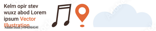 Navigation, digital media, music apps, data storage, geolocation, and technology. A music note, location pin and cloud symbol on a white background. Navigation and digital media concept