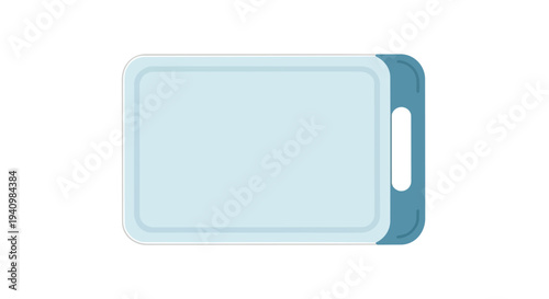 Minimalist flat design of a pale blue rectangular cutting board with a dark teal handle isolated on a white background, simple kitchen utensil