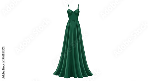 Elegant Emerald Green Satin Spaghetti Strap A-Line Ball Gown Fashion Illustration