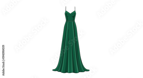 Elegant floor-length emerald green evening gown with delicate spaghetti straps and a flowing A-line silhouette displayed against a clean white