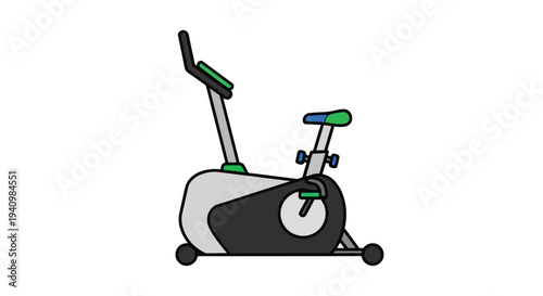 Modern stationary bicycle fitness equipment illustration with clean lines and vibrant green and blue accents on a white background