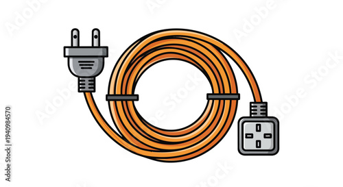 Bright orange extension cord with plug and socket coiled neatly on a white background, representing connectivity and power supply solutions for
