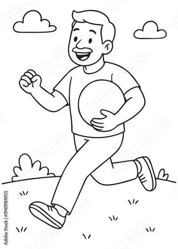 coloring book dad jogging across the grass while holding a ball, staying active outdoors
