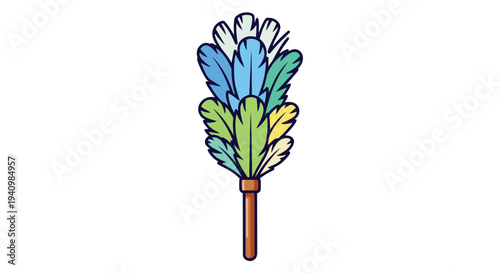 Vibrant feather duster illustration with multiple colored feathers in a fan arrangement against a white backdrop