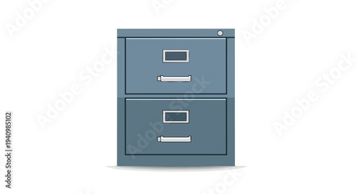 A simple flat design illustration of a classic gray metal two-drawer filing cabinet stands against a plain white background, ideal for office