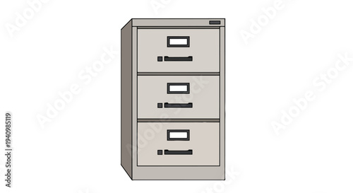 A minimalist depiction of a three-drawer metal filing cabinet presented against a stark white background, perfect for office organization concepts