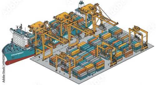 Industrial Container Terminal with Cranes and Ship.