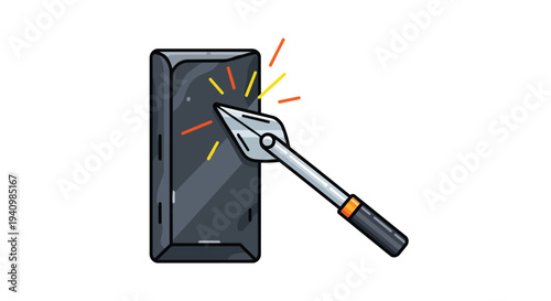 Stylized illustration of a spear point impacting a smartphone screen, symbolizing technology's vulnerability and digital disruption
