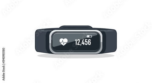 Futuristic fitness tracker displaying heart rate and step count with battery indicator on white background