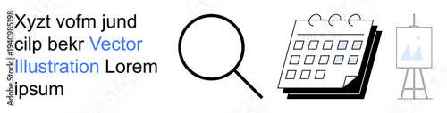 Data analysis, organization, planning, search tools, creative processes, information design. Magnifying glass, calendar and an easel. Data analysis and organization concepts