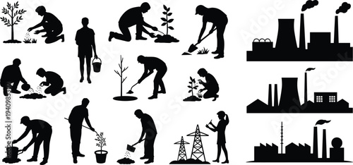 Environment icons, industrial silhouettes, sustainability vector, pollution clipart, ecology design, conservation motif, factory symbol, nature illustration, climate graphic, concept art