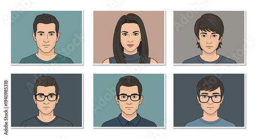 Modern flat design avatar collection featuring various diverse male and female profile pictures in a grid layout, ideal for user interface elements and digital identities