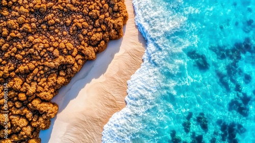 Vibrant Aerial Abstract of Tropical Beach, Turquoise Ocean, and Unique Coral-Like Texture