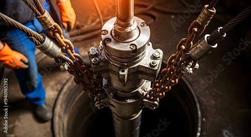 Submersible water pump being lowered into a deep borehole with metal pipe system and wire rope, representing well drilling and installation. pump mechanism, descending into a dark circular opening. 
