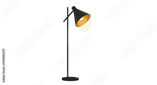 Modern minimalist black floor lamp with a cone-shaped shade emitting a warm golden glow against a clean white background