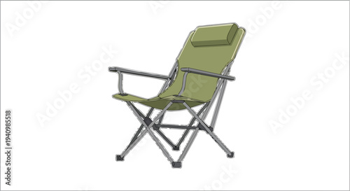 A solitary, unfolded folding chair in a muted green hue stands on an isolated white background, suggesting readiness for outdoor relaxation or