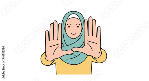 A smiling woman wearing a light blue hijab and a yellow top frames her face with both hands against a clean white background.
