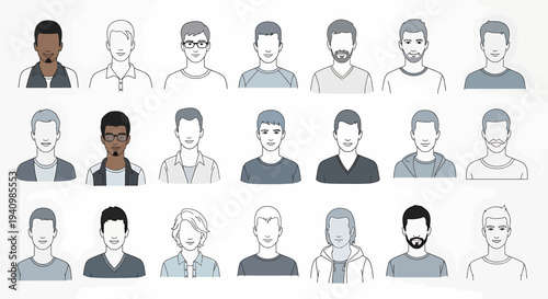 Diverse collection of male avatars for user profiles and online representation, featuring a variety of hairstyles, facial features, and clothing styles