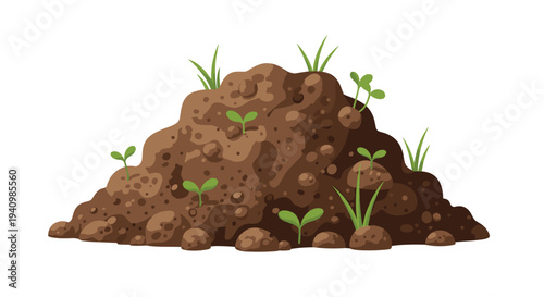 A digital graphic showing a pile of dark brown garden soil with emerging green sprouts and grass on a white background.