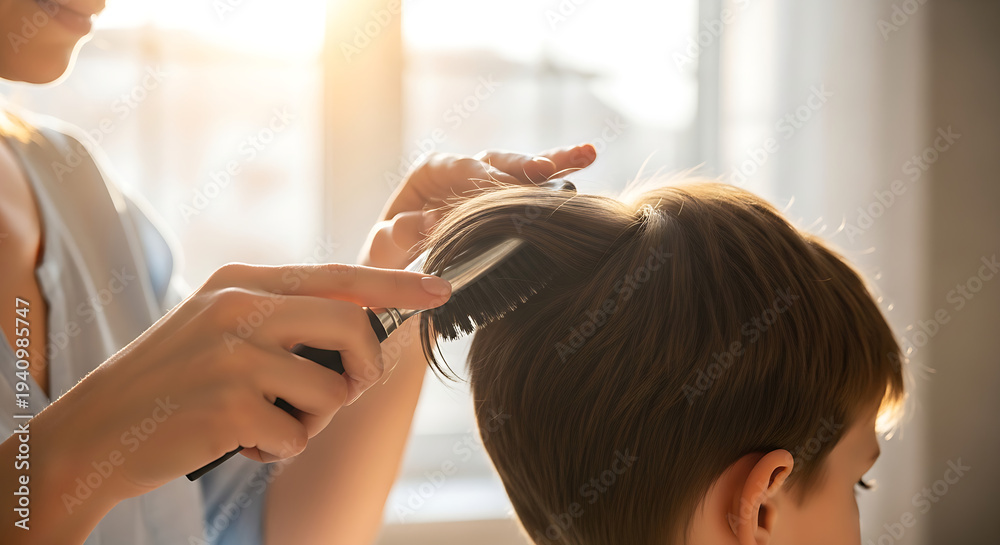 Naklejka premium Professional haircut in salon with stylist using scissors on woman's dark hair