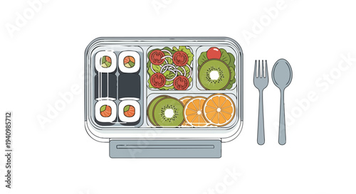 Illustrative depiction of a compartmentalized lunchbox filled with a balanced meal including sushi, salad, fruit, and cutlery