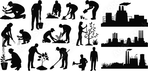 Gardening and industry silhouette illustration set, environmental care icons, planting watering digging factory smokestacks, sustainability vector, nature design, pollution art