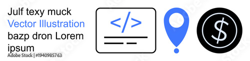 Software development, coding, financial transactions, digital navigation, online services, location tracking. Features coding brackets, location pin and dollar symbol. Software development