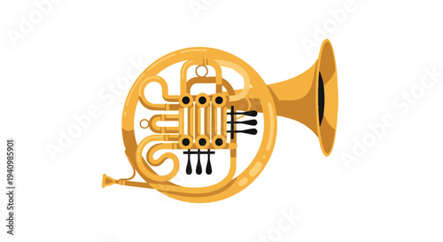 Detailed illustration of a golden french horn with intricate valves and tubing, isolated on a clean white background for musical representation