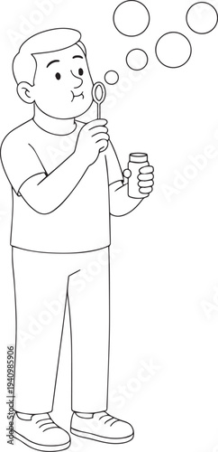 coloring book dad blowing soap bubbles for his child to chase and laugh with
