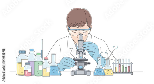 Scientist examining samples through a microscope in a laboratory setting with various equipment and chemicals nearby
