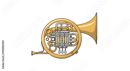 A detailed cartoon illustration of a golden French horn, a brass musical instrument often used in orchestral music and ensembles.