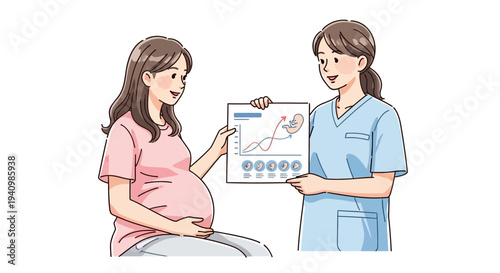 Pregnant woman and nurse discussing statistics on fetal growth chart