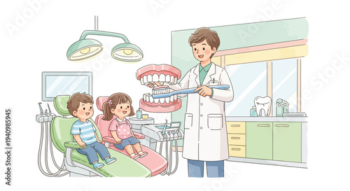 Dentist explaining oral hygiene to children in a dental clinic with a large tooth model