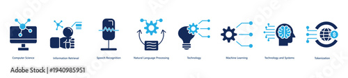 Core computer science banner web icon vector illustration featuring icons of computer science, information retrieval, speech recognition, natural language processing, technology, machine learning