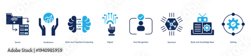 Digital and quantum frontiers banner web icon vector illustration featuring icons of server, predictions, brain and cognitive computing, digital, face recognition, quantum