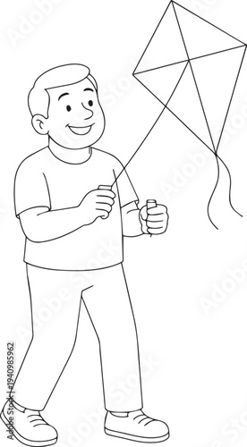 coloring book dad flying a kite on a sunny day, guiding it high above the park