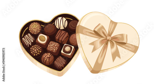 An open cream heart shaped gift box filled with gourmet chocolate truffles and pralines on a solid white background.