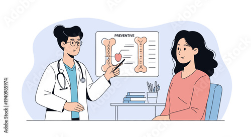 Doctor explains preventive measures to patient in office with bone and heart diagram