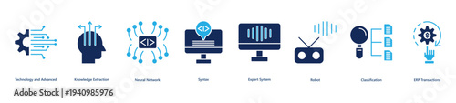 Smart systems architecture banner web icon vector illustration featuring icons of technology and advanced, knowledge extraction, neural network, syntax, expert system, robot