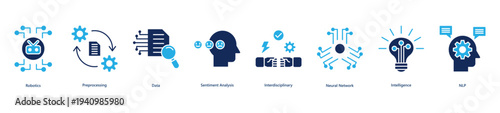 Intelligent data processing banner web icon vector illustration featuring icons of robotics, preprocessing, data, sentiment analysis, interdisciplinary, neural network, intelligence, and NLP