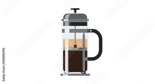 Simple Flat Design Illustration of a French Press Coffee Maker Filled with Brewed Coffee and Water