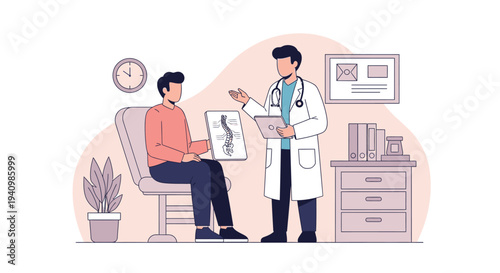 Doctor explaining spine anatomy to patient in office