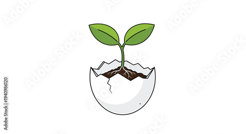 A vibrant green seedling with two small leaves and visible roots sprouts from dark soil within a cracked white eggshell, positioned centrally against a plain white background.