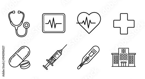 Medical icons including stethoscope and syringe on hour healthcare concept