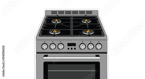 A detailed, vectorized illustration of a four-burner gas stove with a lit burner set against a clean white background, suitable for design projects.