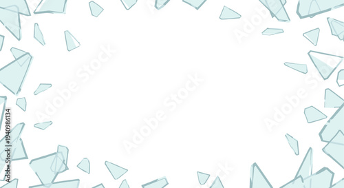 A multitude of light blue translucent glass shards of various irregular shapes are scattered around the edges, forming an incomplete frame against a vast white background.