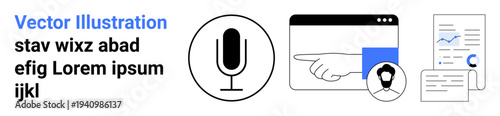 Technology, communication, data management, voice recognition, online learning, analytics. Microphone, hand pointing on a webpage and documents with charts. Data management and technology concepts