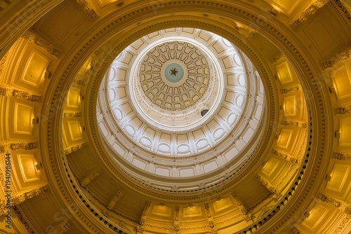 Interior of The Dome of Texas State Capitol - A low-angle and wide angle interior view of the dome and rotunda of Texas State Capitol Building. Austin, Texas, USA.