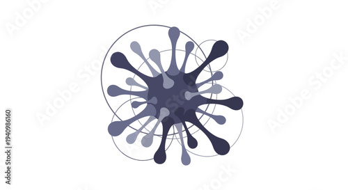 Dark blue and grey virus cell illustration with droplets and circles on white background
