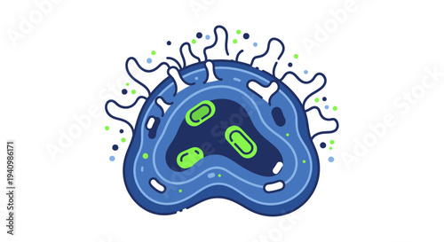 Virus particle with green inclusions floating in a blue fluid, viewed from the side